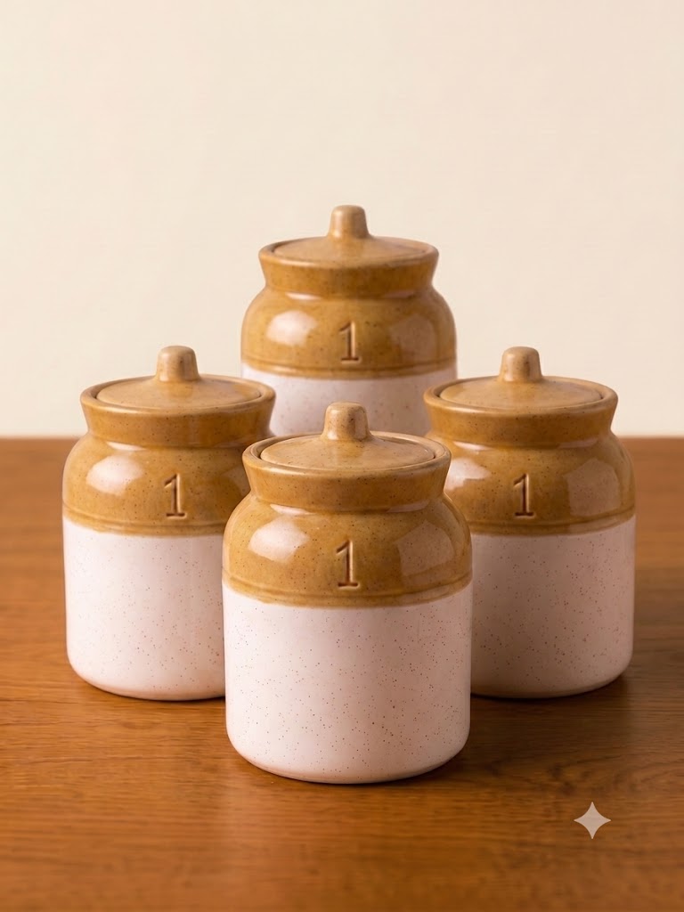 Barniwala 500 ML Ceramic Storage Jar with Lid, Pack of 4 | Premium Cylindrical Kitchen Containers for Pickle, Achar, Spices, Sugar, Tea, Coffee, Dry Fruits & Snacks | Stylish Pantry Organizer & Food Storage Canisters