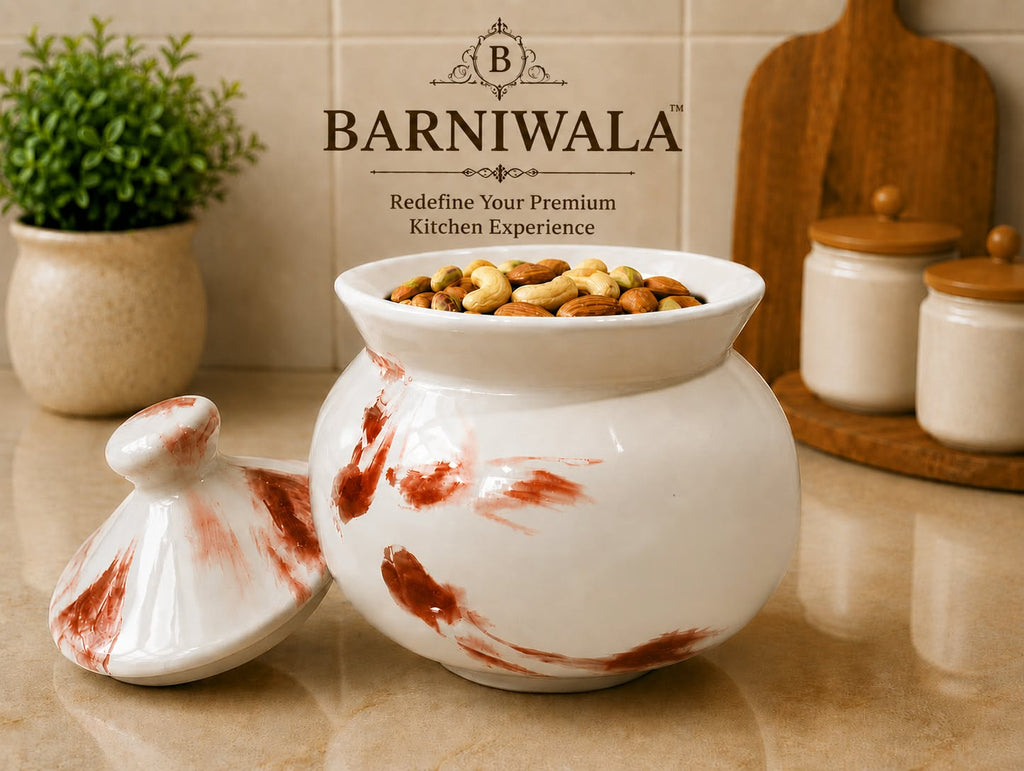 Barniwala 350 ML Ceramic Marbled Handi Storage Jar with Lid | Pack of 2 | Decorative Kitchen Canister for Pickle, Spices, Sugar, Tea, Coffee, Dry Fruits & Snacks