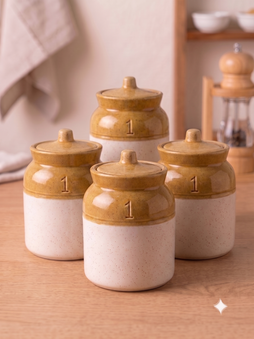Barniwala 500 ML Ceramic Storage Jar with Lid, Pack of 4 | Premium Cylindrical Kitchen Containers for Pickle, Achar, Spices, Sugar, Tea, Coffee, Dry Fruits & Snacks | Stylish Pantry Organizer & Food Storage Canisters
