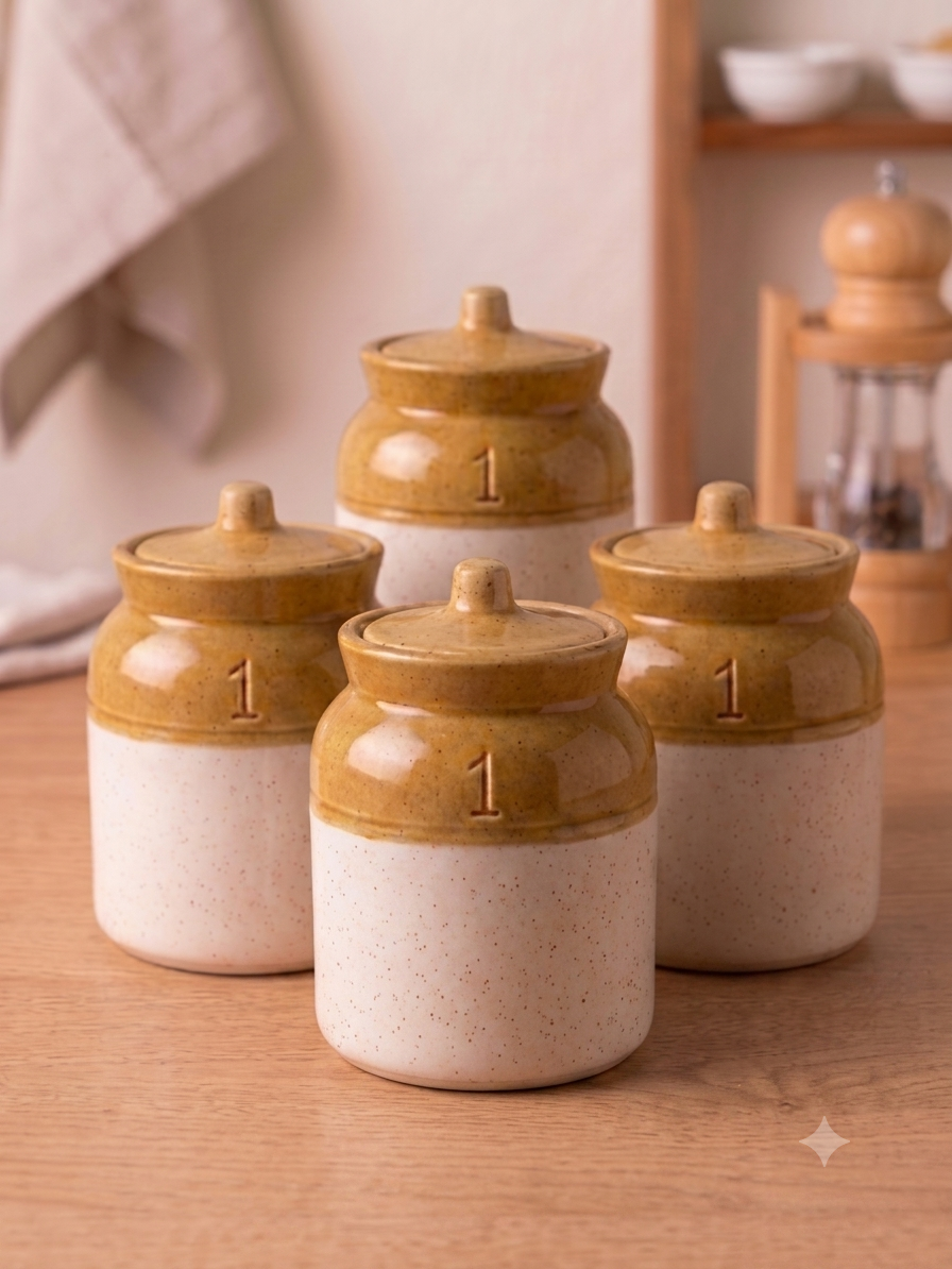 Barniwala 500 ML Ceramic Storage Jar with Lid, Pack of 4 | Premium Cylindrical Kitchen Containers for Pickle, Achar, Spices, Sugar, Tea, Coffee, Dry Fruits & Snacks | Stylish Pantry Organizer & Food Storage Canisters