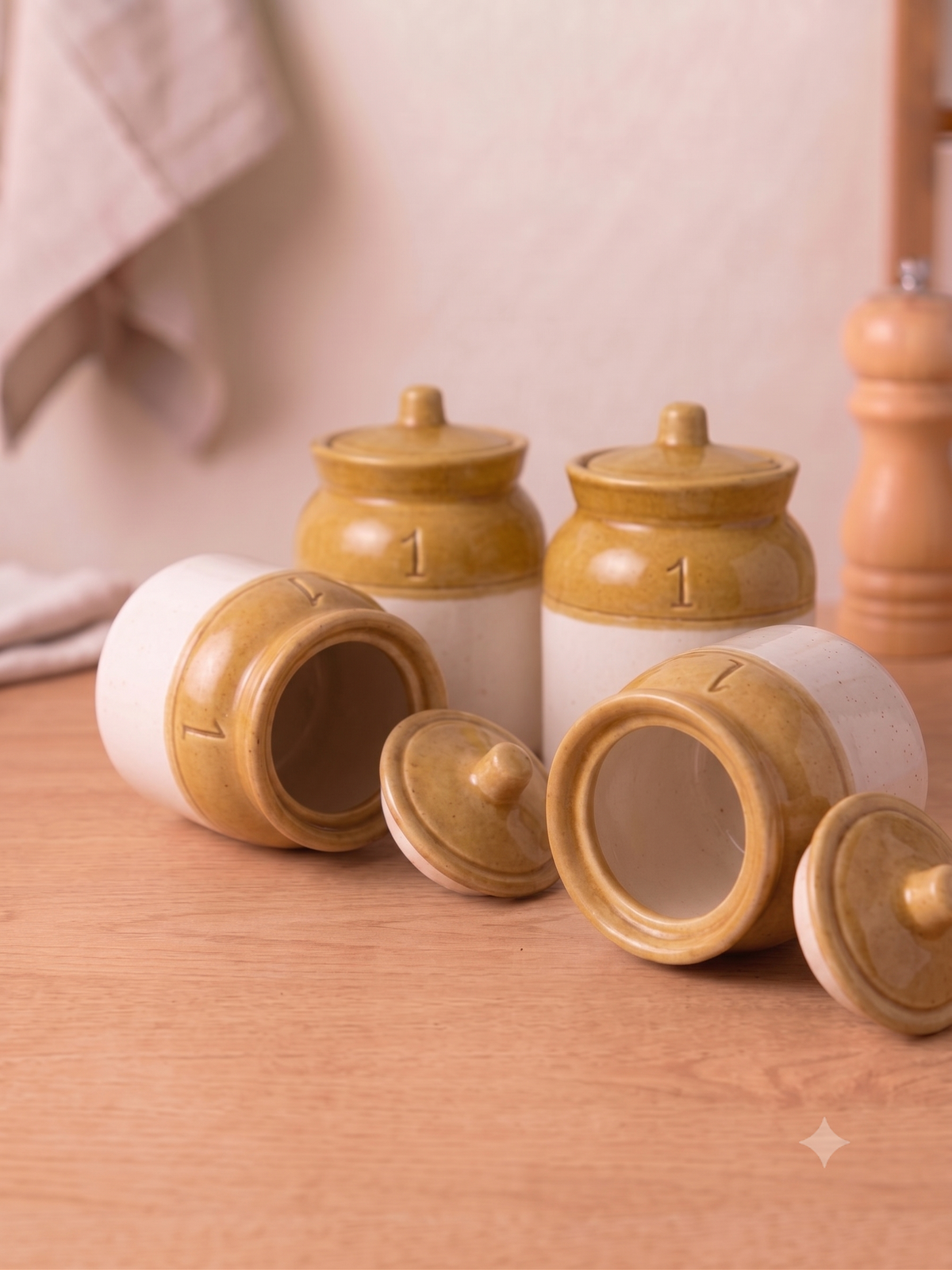 Barniwala 500 ML Ceramic Storage Jar with Lid, Pack of 4 | Premium Cylindrical Kitchen Containers for Pickle, Achar, Spices, Sugar, Tea, Coffee, Dry Fruits & Snacks | Stylish Pantry Organizer & Food Storage Canisters