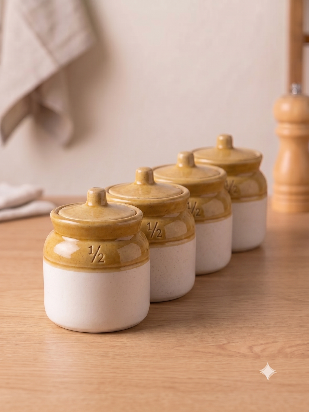 Barniwala 250 ML Ceramic Storage Jars with Lid, Pack of 4 | Premium Cylindrical Kitchen Containers for Pickle, Achar, Spices, Sugar, Tea, Coffee, Dry Fruits & Snacks | Stylish Pantry Organizer & Food Storage Canisters
