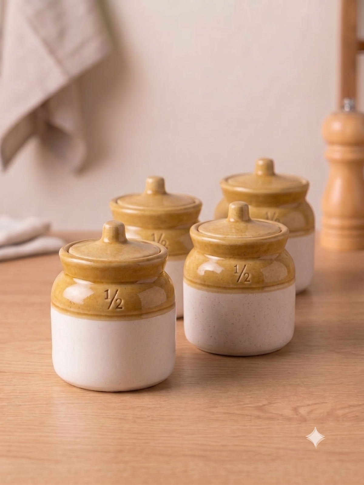 Barniwala 250 ML Ceramic Storage Jars with Lid, Pack of 4 | Premium Cylindrical Kitchen Containers for Pickle, Achar, Spices, Sugar, Tea, Coffee, Dry Fruits & Snacks | Stylish Pantry Organizer & Food Storage Canisters