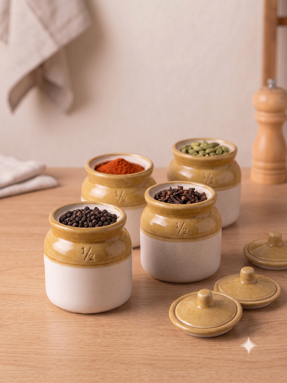Barniwala 250 ML Ceramic Storage Jars with Lid, Pack of 4 | Premium Cylindrical Kitchen Containers for Pickle, Achar, Spices, Sugar, Tea, Coffee, Dry Fruits & Snacks | Stylish Pantry Organizer & Food Storage Canisters