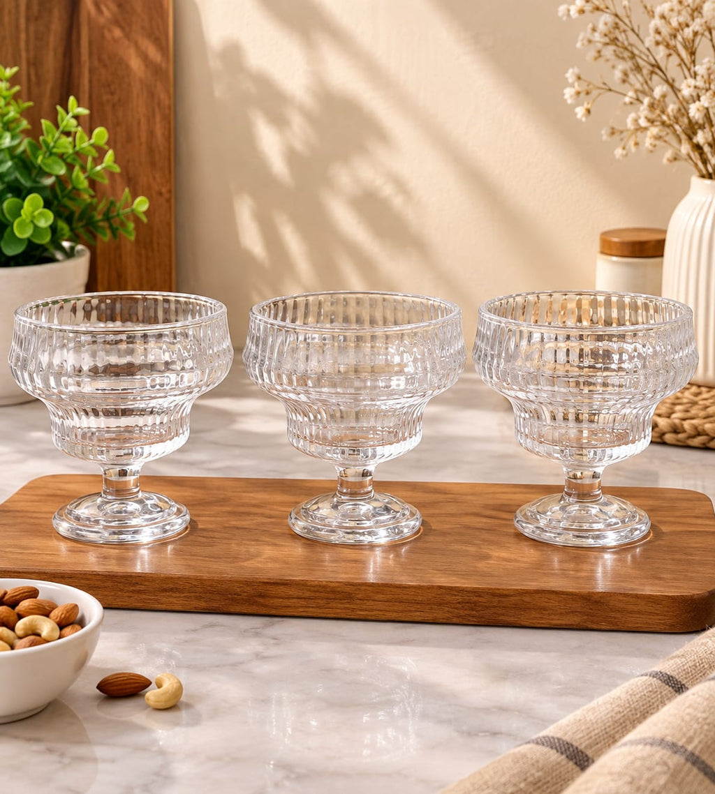 YUJING Glass Dessert Bowls Set of 3 | Elegant Ribbed Crystal Glass Ice Cream & Pudding Bowls | Dessert Cups for Ice Cream, Mousse, Custard, Fruit, Snacks & Sweets | Stylish Serving Bowls for Home & Parties