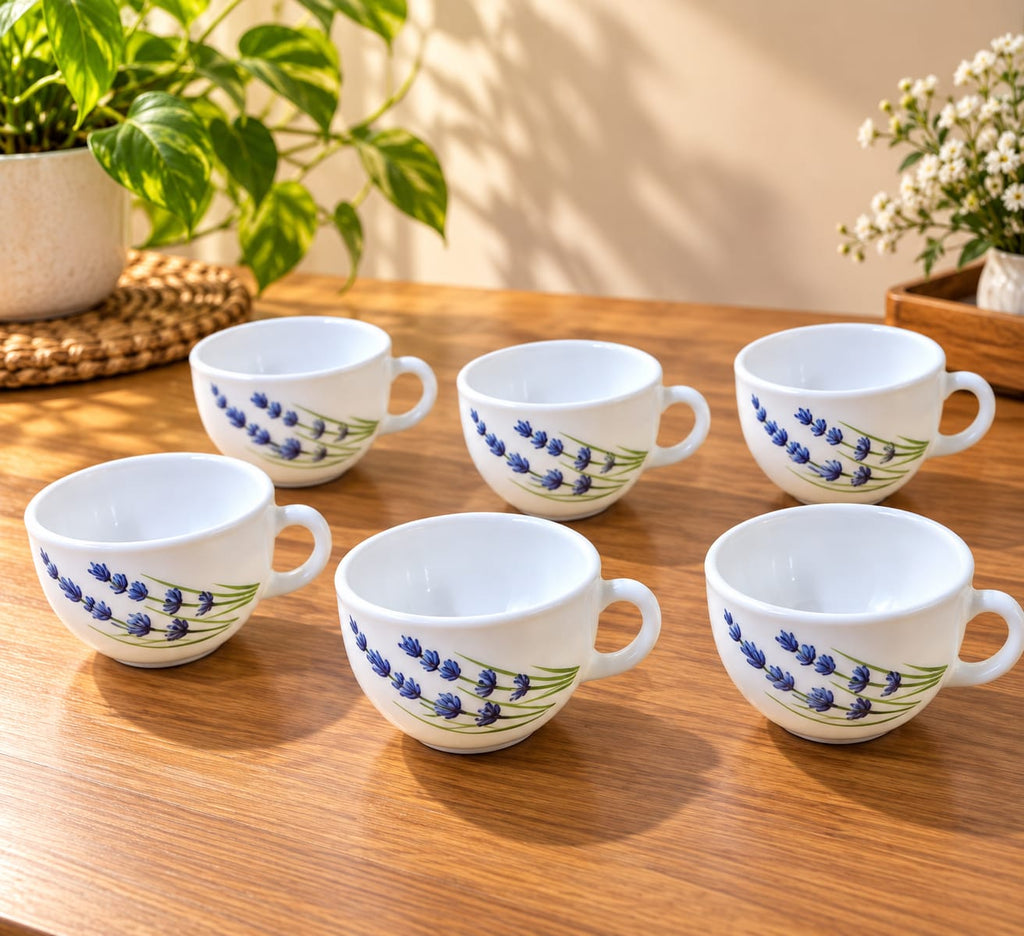 La Opala English Lavender Cups Set of 6, 100 ml | Elegant White Ceramic Cups with Blue Lavender Floral Design | Tea, Coffee & Serving Cups