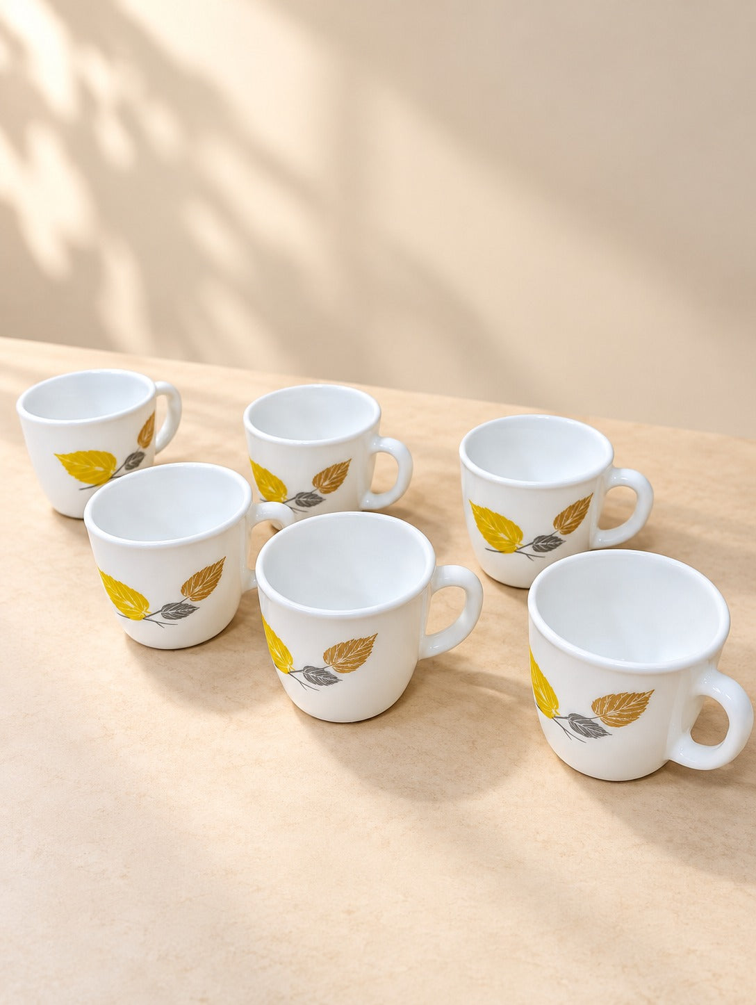 Cello Ricca Autumn Leaf Look Cup Set, 6 Pieces, 100 ml Each, White Cups with Elegant Autumn Leaf Design for Tea, Coffee and Daily Use