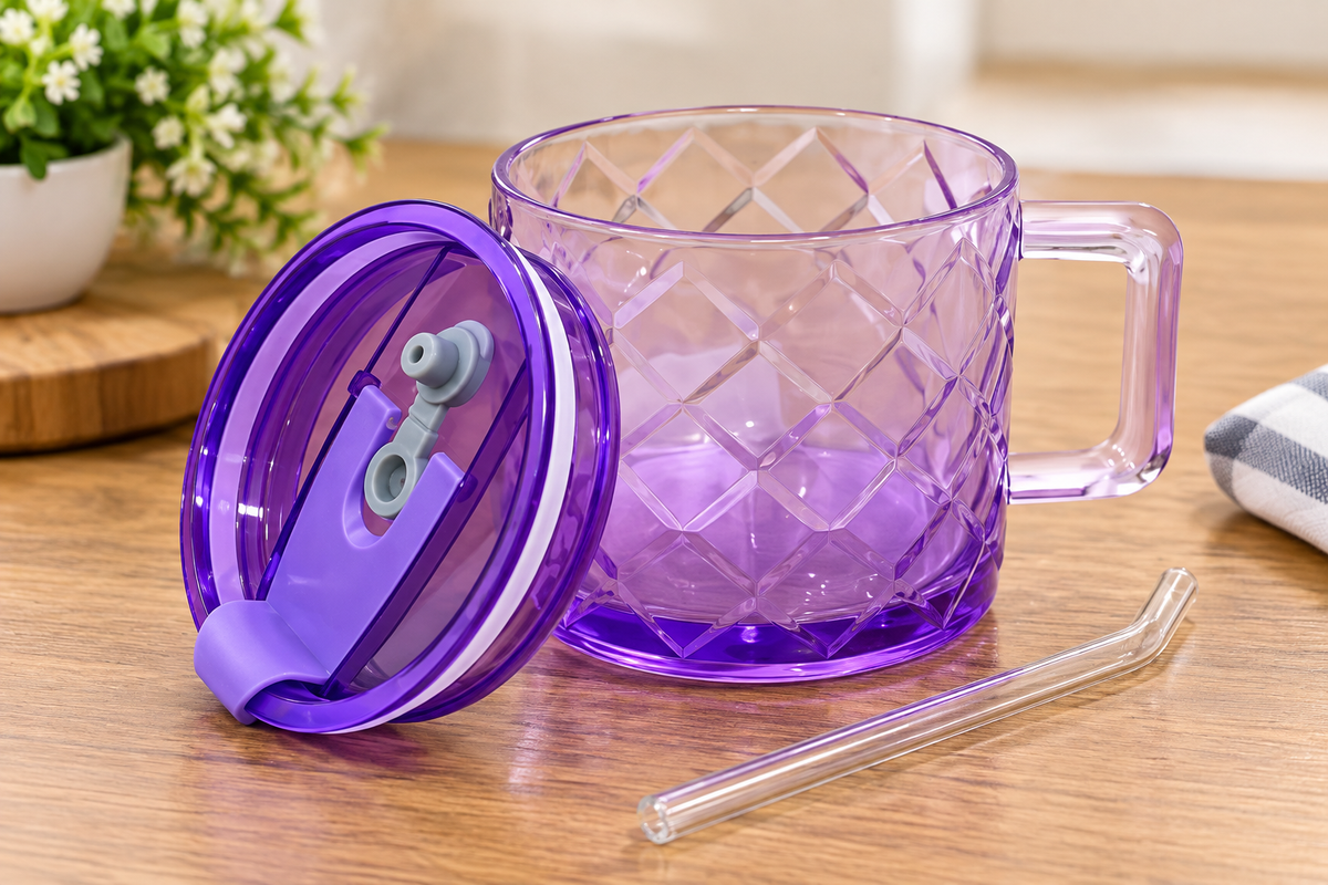 Barniwala Glass Mug with Lid and Straw, Purple Crystal Design Drinking Mug with Handle, Reusable Glass Coffee Tea Juice Mug for Home Office Kitchen