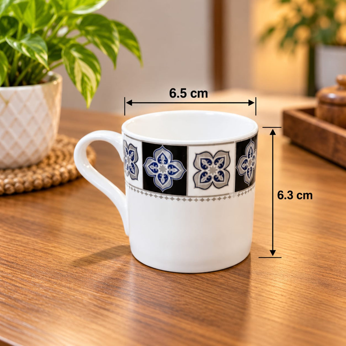 BHARTA Cup Set of 6, King Platina Series, 180 ML Tea & Coffee Cups, Elegant Printed Design, White Cups for Home, Kitchen & Office