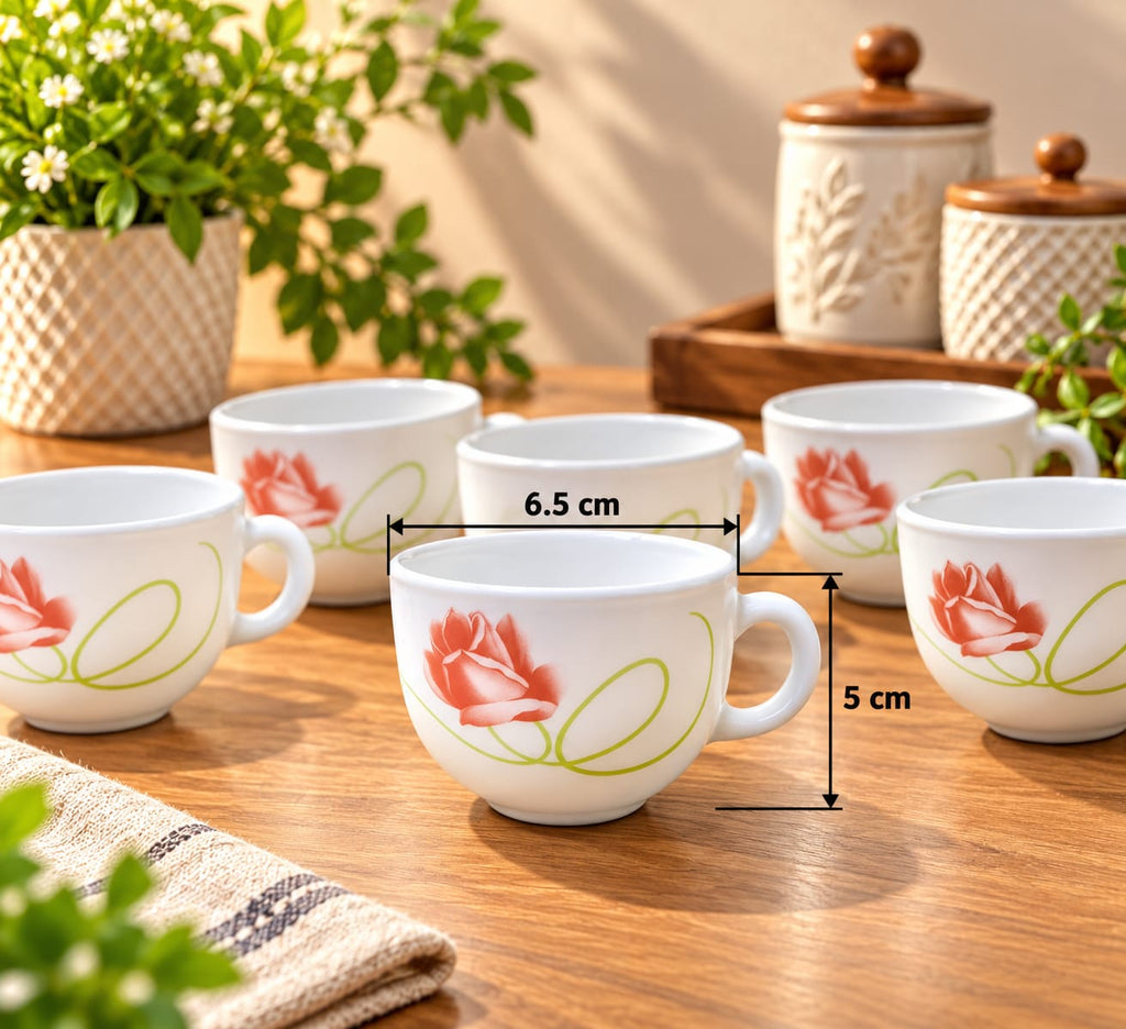 La Opala Dainty Swirls Cup Set of 6, 100 ml | White Cups with Pink Rose Floral Design | Elegant Tea & Coffee Cups for Home, Office & Gifting