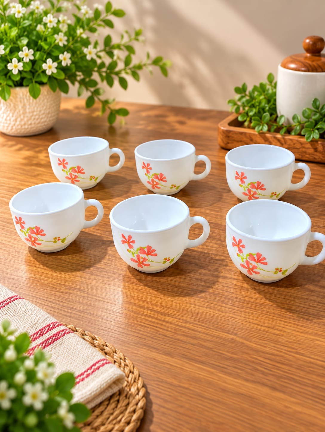 La Opala Coral Charm Cup Set of 6, 100 ml Each | White Opalware Tea & Coffee Cups with Floral Design