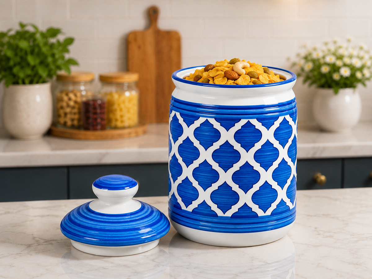 Barniwala 1000 ML Ceramic Cylindrical Storage Jar with Lid | Premium Kitchen Container for Pickle, Achar, Spices, Sugar, Tea, Coffee, Dry Fruits & Snacks | Stylish Pantry Organizer & Food Storage Canister