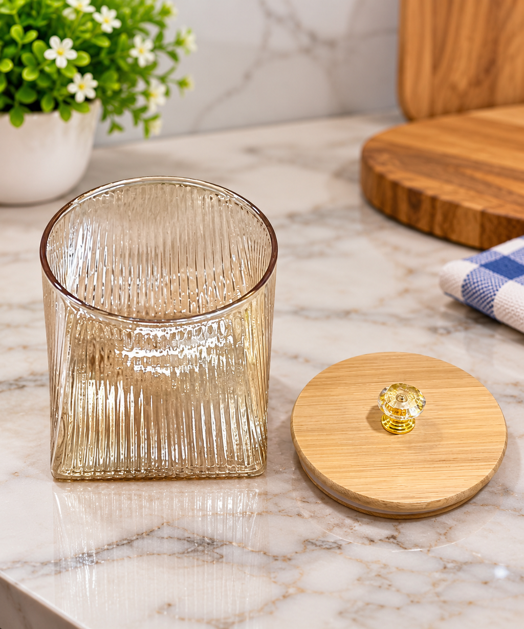 Barniwala Set of 2 Round Heaven & Square Earth Fluted Pattern Glass Storage Jars with Bamboo Lids & Crystal Knobs, Decorative Kitchen Containers for Dry Fruits, Nuts, Snacks & Spices