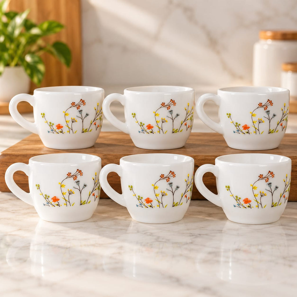 CELLO Queen Hanging Garden Coffee & Tea Cups Set of 6, 130 ML | Floral Printed Cups for Tea, Coffee & Milk | Elegant Tableware for Home & Office