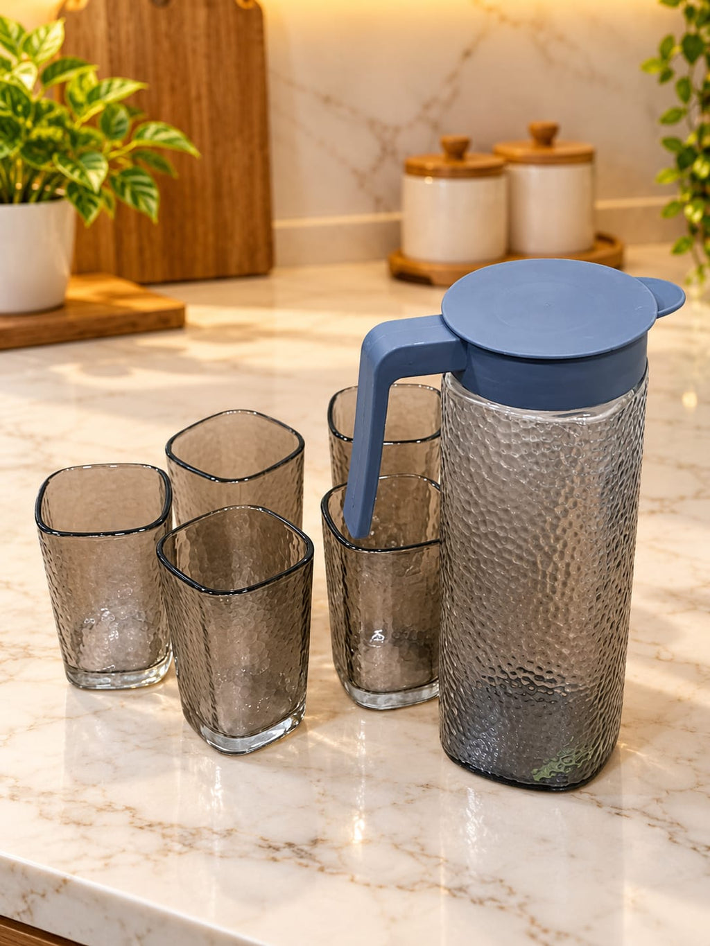Glass Water Jug Set with 6 Glasses | Textured Transparent Jug with Lid & Handle | Stylish Drinking Water Pitcher Set for Home, Kitchen, Dining & Parties