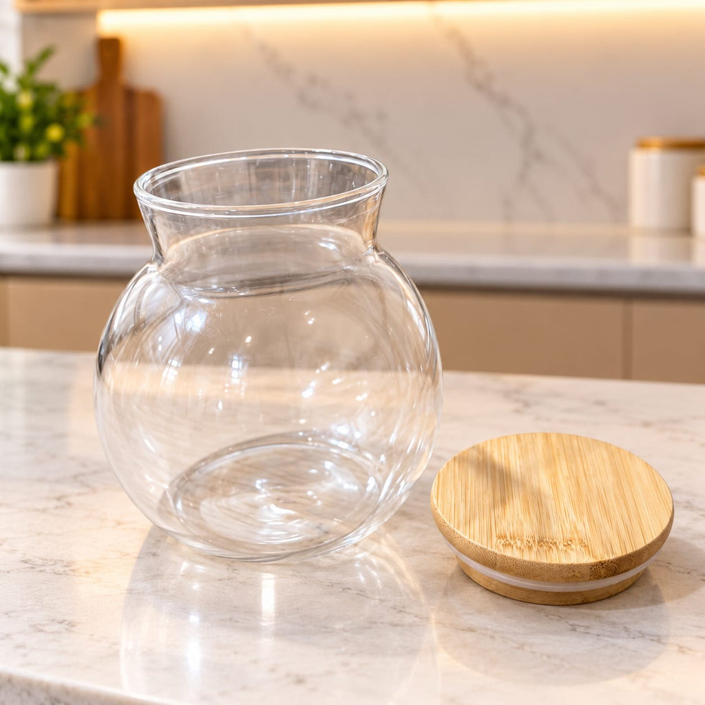 Glass Storage Jar with Bamboo Lid | 1 Pc Transparent Kitchen Canister | Airtight Food Storage Container for Sugar, Tea, Coffee, Spices & Dry Fruits