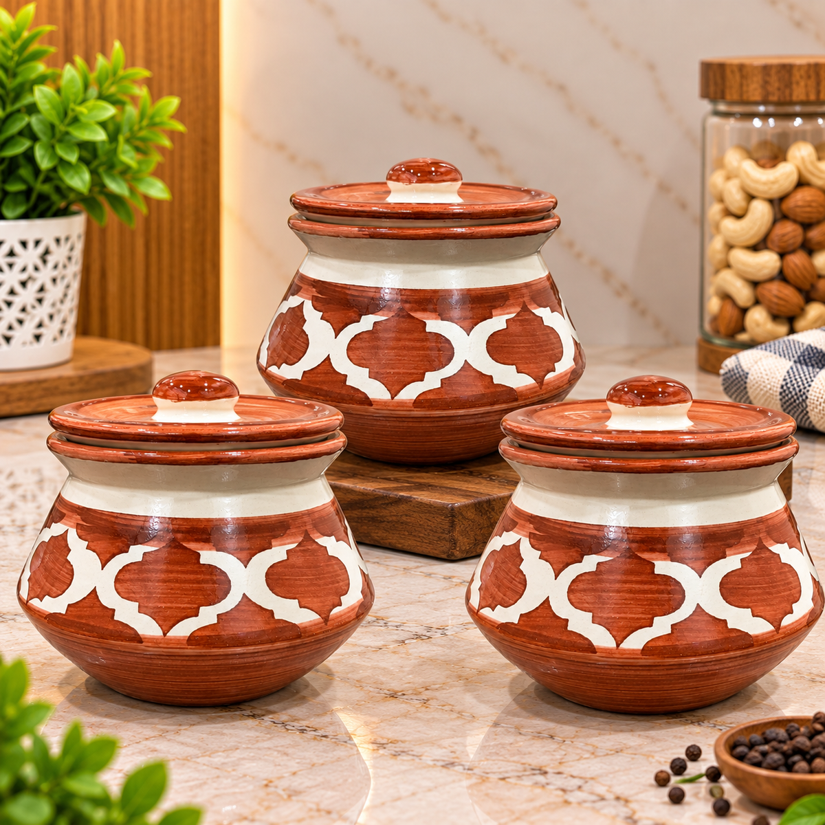 Barniwala 250 ML Ceramic Fancy Handi Jar with Lid | Decorative Kitchen Storage Container for Pickle, Achar, Spices, Sugar, Tea, Coffee, Dry Fruits & Snacks | Traditional Handi Style Storage Pot