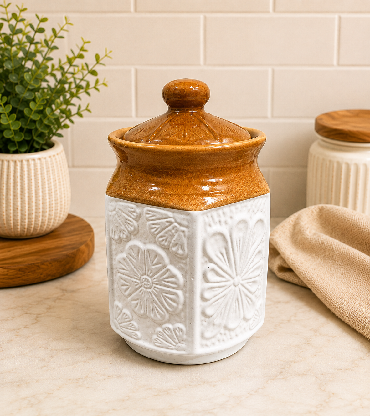 Barniwala 1500 ML Ceramic Carving Storage Jar with Lid | Premium Decorative Kitchen Container for Pickle, Achar, Spices, Sugar, Tea, Coffee, Dry Fruits & Snacks | Stylish Pantry Organizer & Food Storage Canister