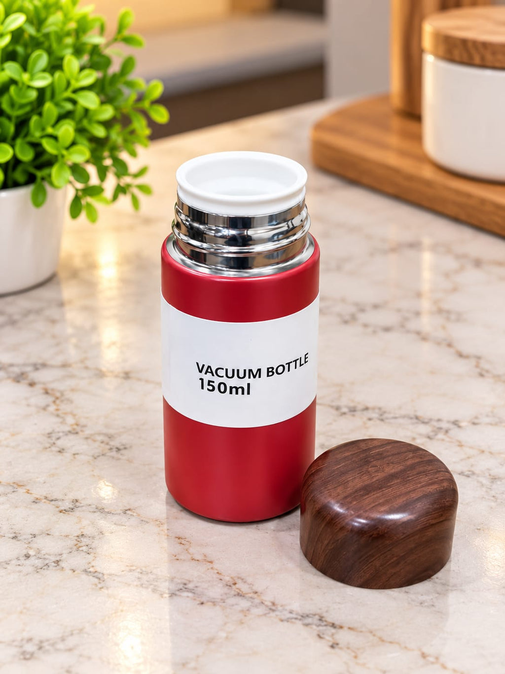 Pocket Thermos 150 ML Vacuum Flask, 1 Piece | Compact Insulated Bottle with Stylish Wooden-Finish Cap | Mini Thermos Bottle for Tea, Coffee, Hot & Cold Beverages | Red