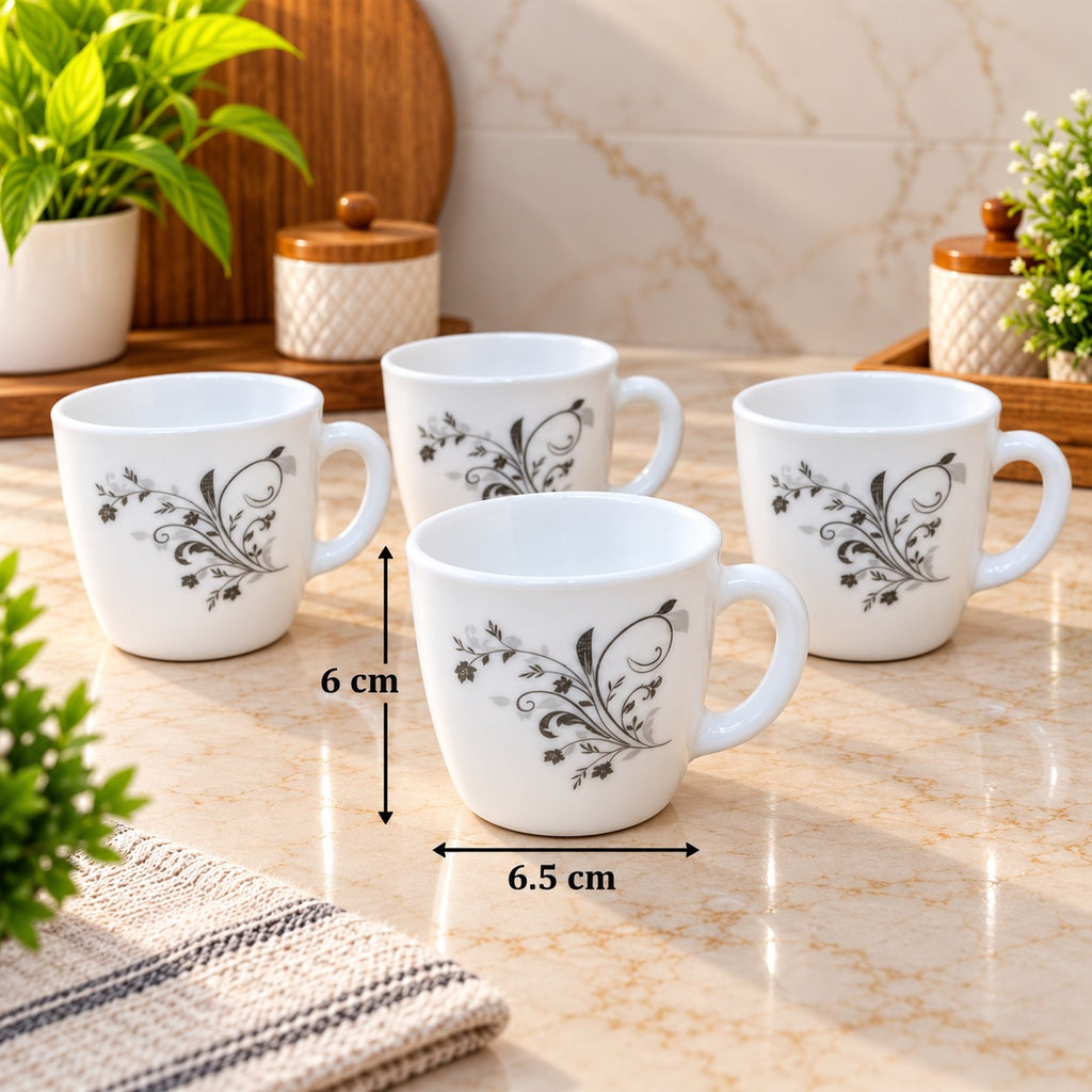 Cello Ricca Black Swirl Tea Cups Set of 6, 100 ML Each, White Cups with Elegant Black Floral Design for Tea, Coffee & Serving