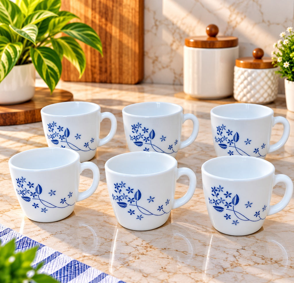 Cello Ricca Dainty Blue Cups 100 ML, Pack of 6 | Elegant Blue Floral Printed Tea Cups for Tea, Coffee, Milk & Espresso | Stylish Small Beverage Cups for Home, Office & Daily Use