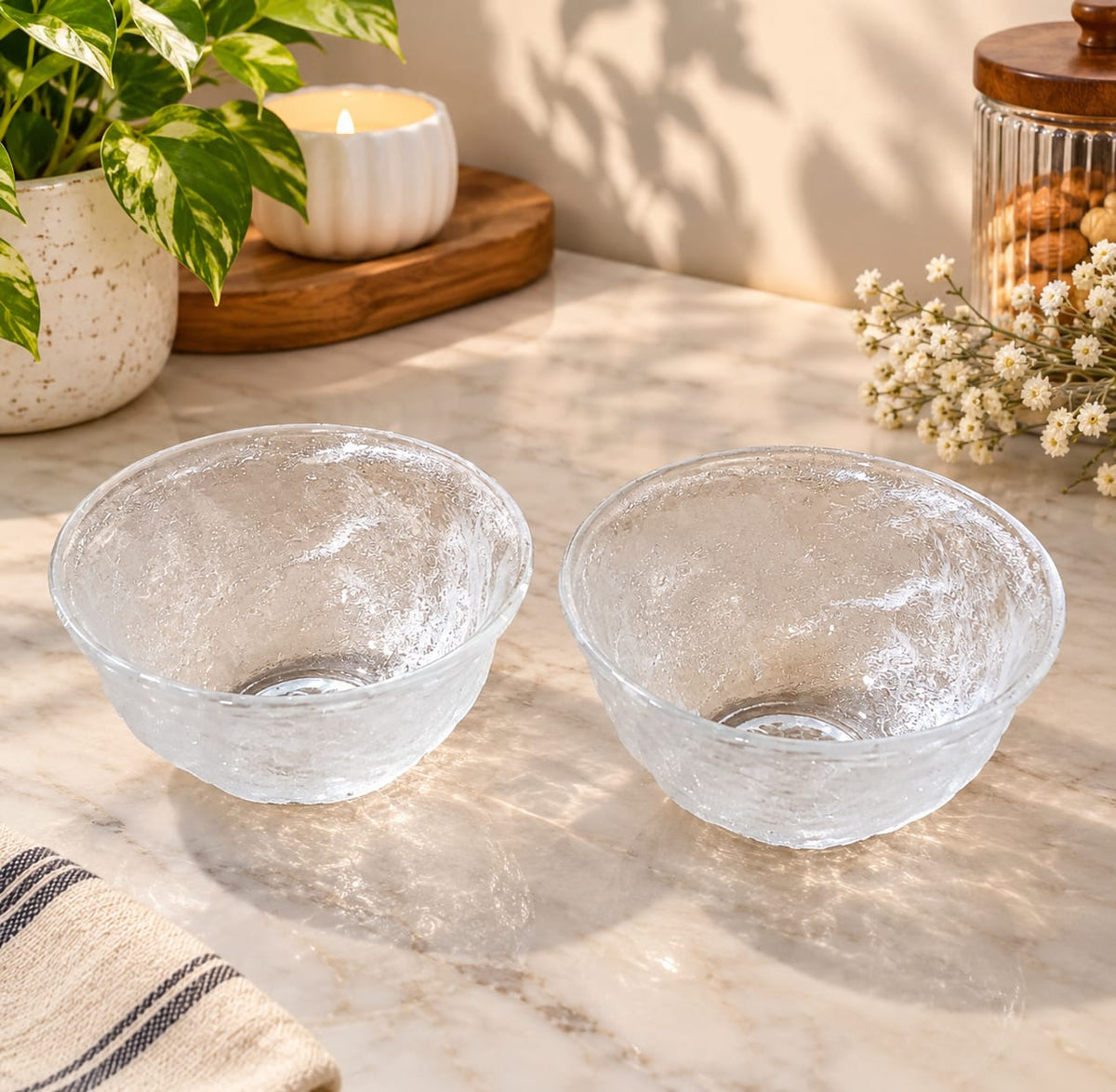 Cool Summer Glacier Glass Bowls Set of 2 | Elegant Textured Glass Serving Bowls for Ice Cream, Desserts, Fruits, Snacks & Salads | Stylish Crystal Look Bowls for Kitchen, Dining & Parties
