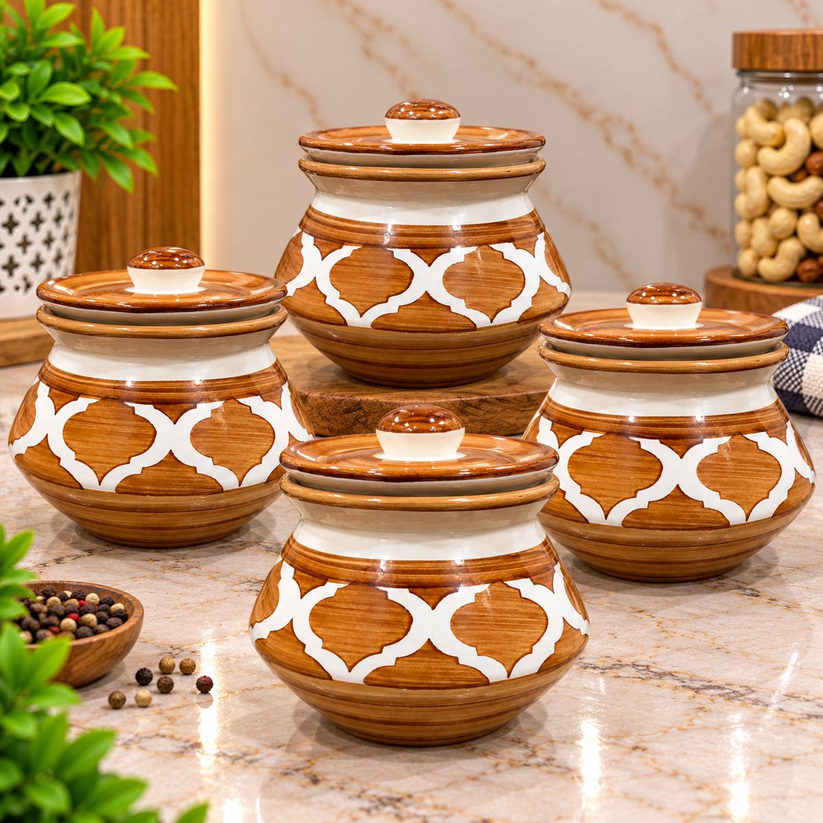 Barniwala 200 ML Ceramic Fancy Handi Jar with Lid | Decorative Kitchen Storage Container for Pickle, Achar, Spices, Sugar, Tea, Coffee, Dry Fruits & Snacks | Traditional Handi Style Food Storage Pot