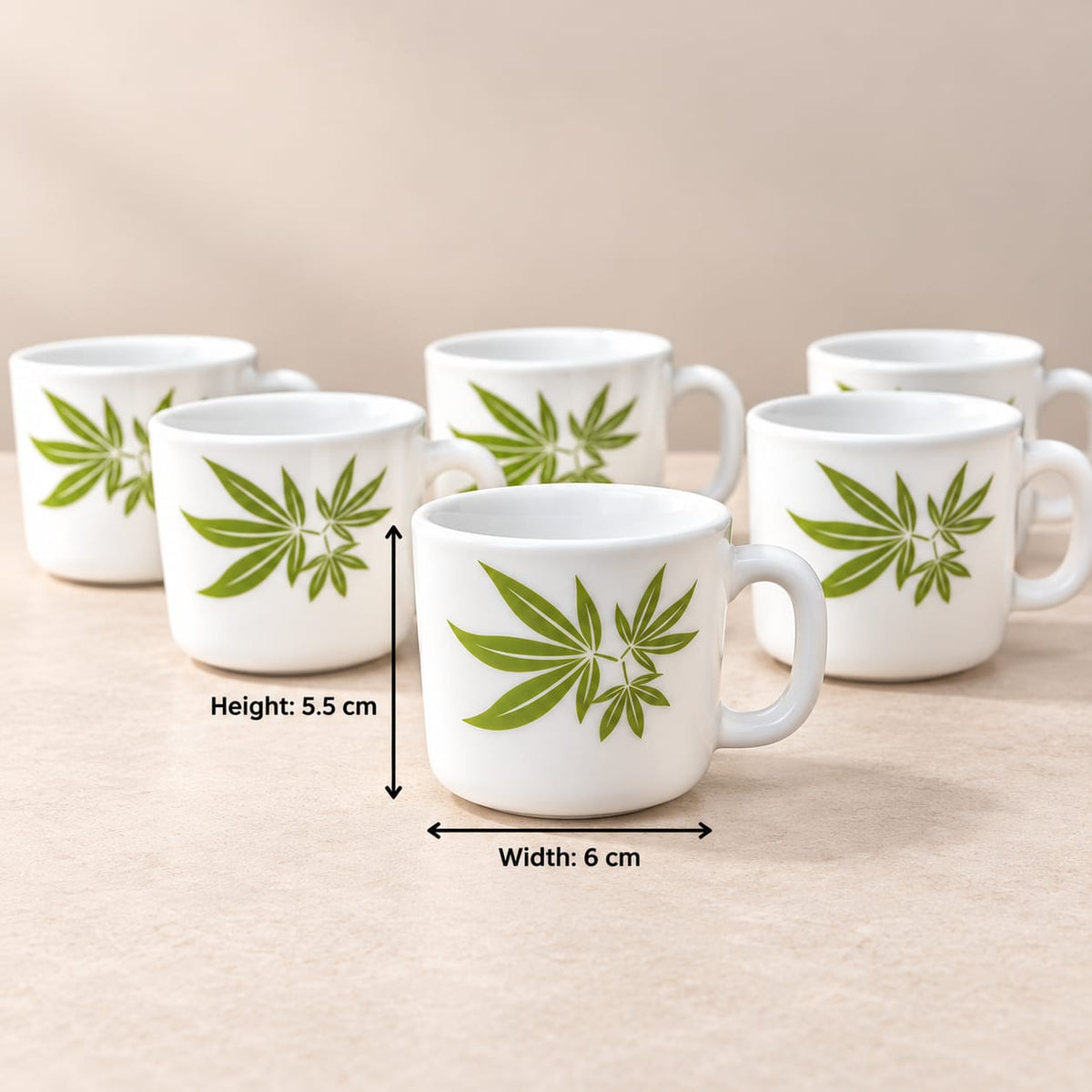 La Opala Trinity Green Cup Set of 6 | 120 ML Premium Opalware Tea & Coffee Cups | Elegant Green Leaf Design | Lightweight, Stylish & Durable Cups for Home and Office