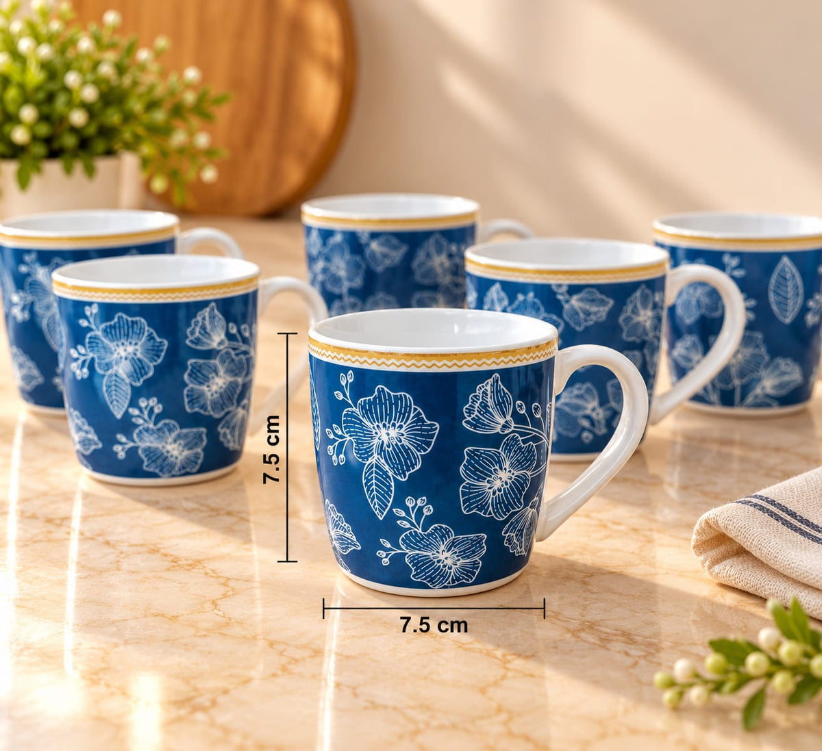 CLAY CRAFT Coffee Mug Set of 6, 300 ML Big Coffee Cups, Tea & Coffee Mugs, Blue Floral Printed Cups for Home, Office & Kitchen