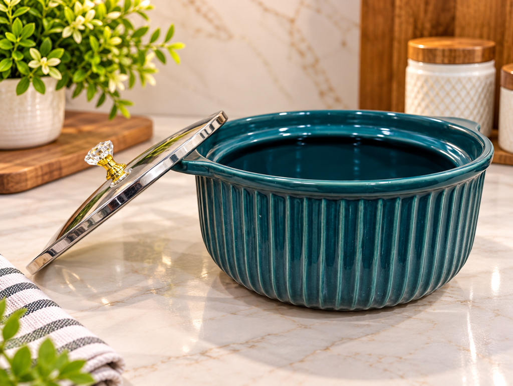 Barniwala Ceramic Soup Bowl with Glass Lid, Deep Teal Ribbed Serving Bowl | Multipurpose Ceramic Casserole Bowl for Soup, Dal, Curry, Pasta, Rice & Food Serving | Elegant Kitchen & Dining Bowl