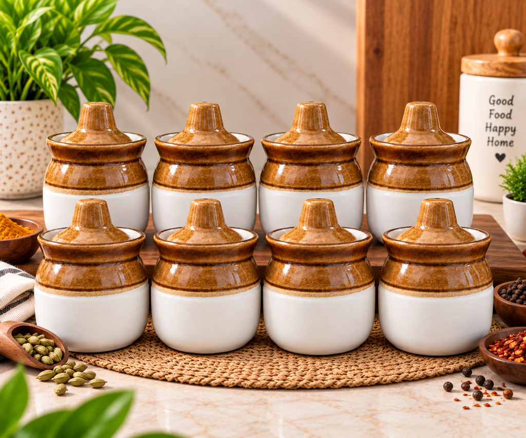 100 ML Ceramic Cylindrical Storage Jars with Lids | Pack of 8| Multipurpose Kitchen & Home Storage Containers | Spice, Masala, Dry Fruits & Condiment Organizer | Compact Decorative Ceramic Jars |