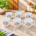 Cello Ricca Red Flora Look Cups Set of 6, 100 ml Each, White Cups with Red Floral Design, Tea Coffee Milk Serving Cups