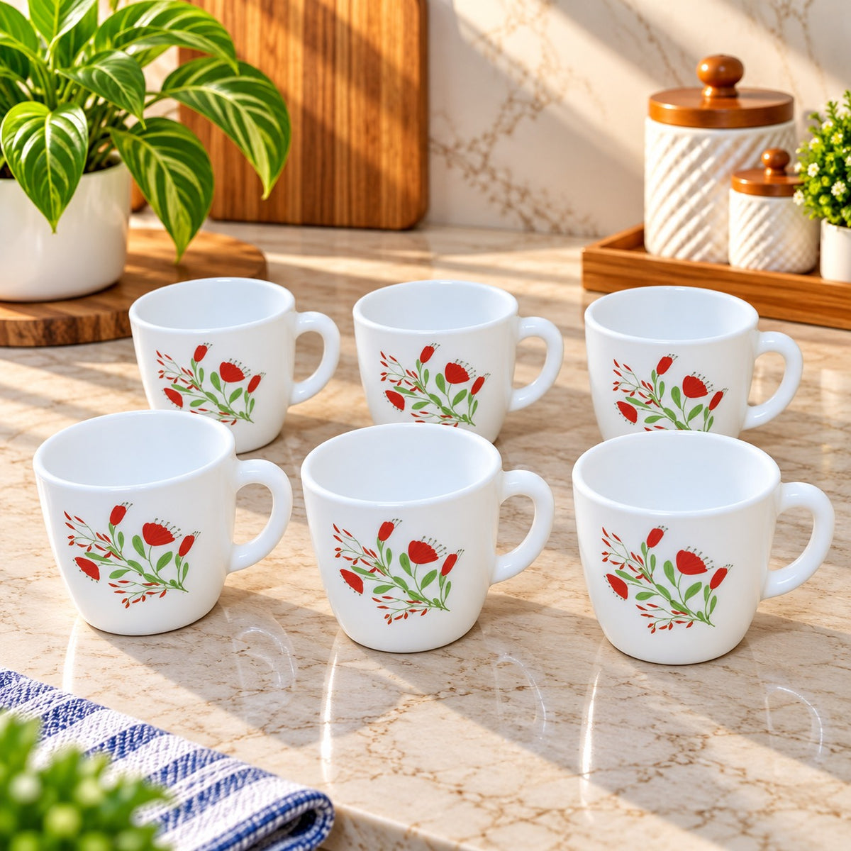 Cello Ricca Red Flora Look Cups Set of 6, 100 ml Each, White Cups with Red Floral Design, Tea Coffee Milk Serving Cups