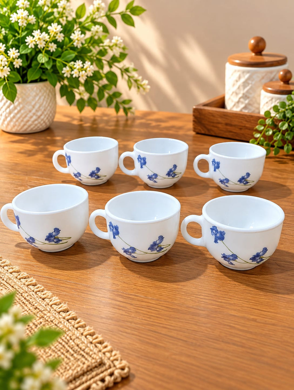 La Opala Blue Orchids Cup Set of 6, 100 ML | Elegant White Cups with Blue Floral Design | Premium Opalware Tea & Coffee Cups for Home, Office & Gifting