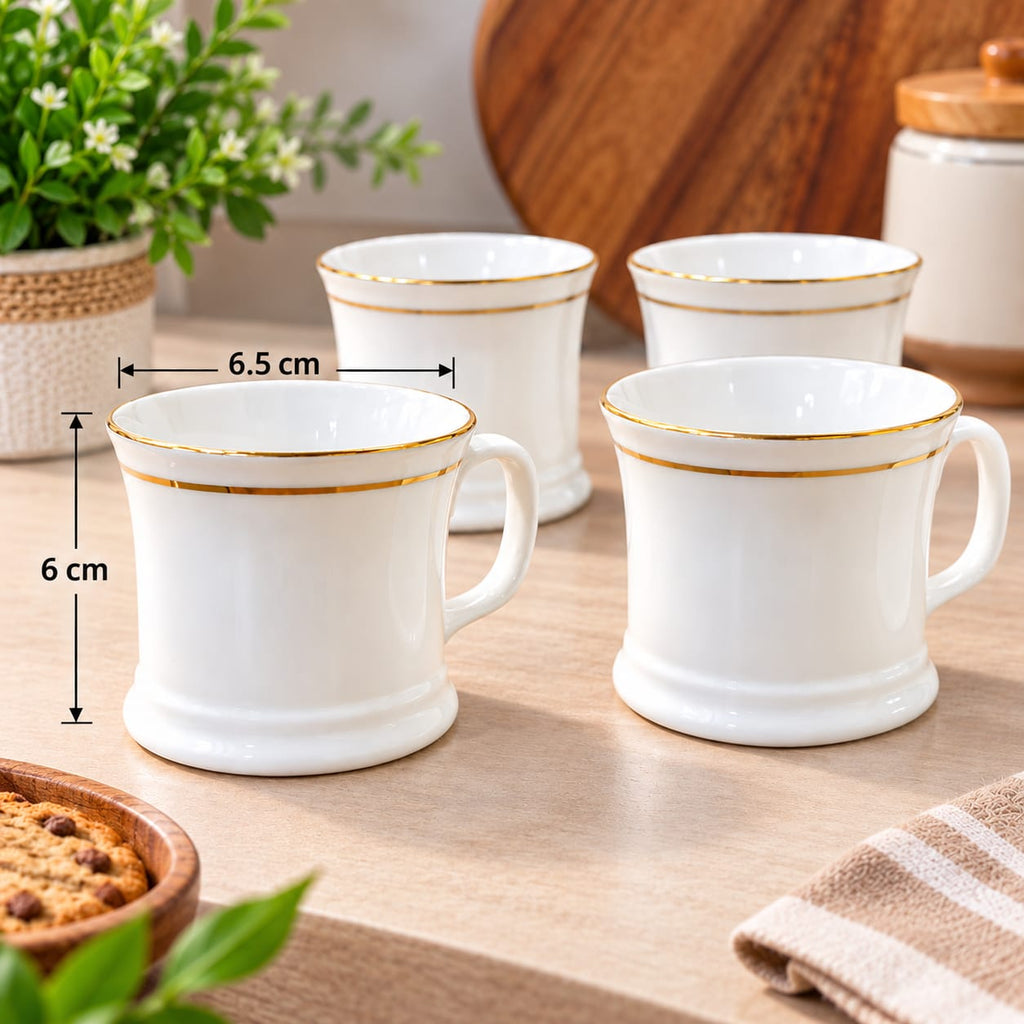 BHARAT NOVA Small Cup Set of 6 | 165 ML White Tea & Coffee Cups | Elegant Gold Rim | Stylish Cups for Home & Office