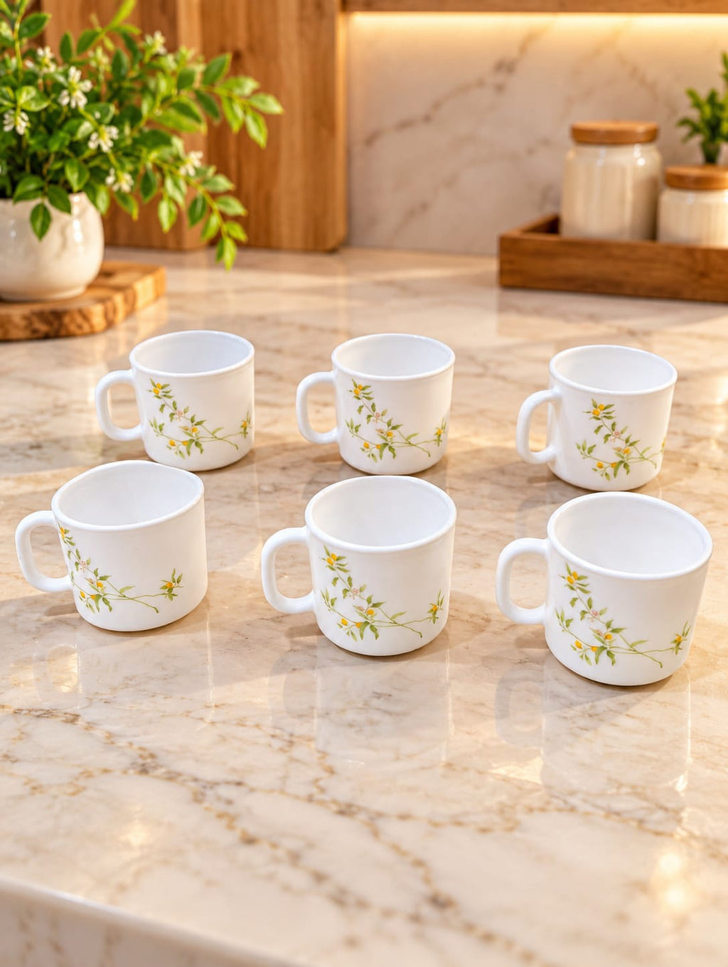La Opala Vivid Greens Cup Set of 6, 120 ML Each | Elegant Floral Design Tea & Coffee Cups | Lightweight & Stylish Cups for Home, Office & Gifting