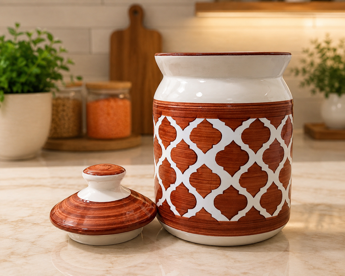 Barniwala 1000 ML Ceramic Cylindrical Storage Jar with Lid | Decorative Kitchen Canister for Pickle, Achar, Spices, Dry Fruits, Snacks, Biscuits, Tea, Coffee & Pantry Essentials