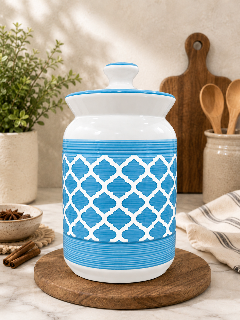 2000 ML Ceramic Storage Jar with Lid | Blue & White Decorative Cylindrical Kitchen Container | Airtight-Style Covered Canister for Dry Fruits, Spices, Tea, Coffee & Dry Food Storage