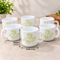 La Opala Blissfull Green Cup Set of 6, 120 ML Each | Elegant White Cups with Green Botanical Design | Stylish Tea, Coffee & Beverage Cups