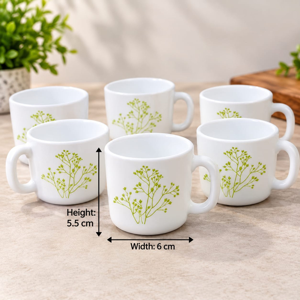 La Opala Blissfull Green Cup Set of 6, 120 ML Each | Elegant White Cups with Green Botanical Design | Stylish Tea, Coffee & Beverage Cups
