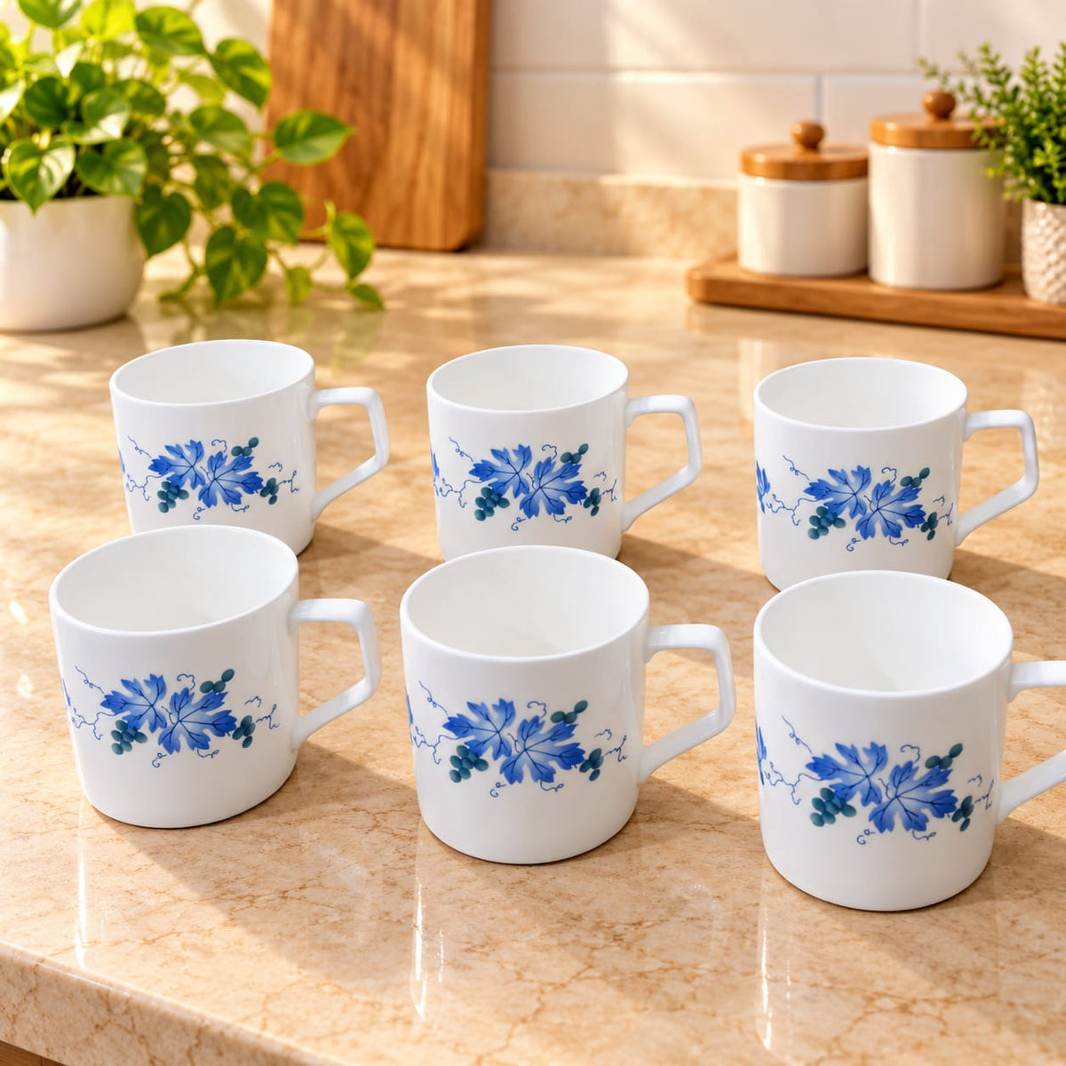 Clay Craft Coffee Cup Big 6 Pcs Set, 250 ML, Tea & Coffee Mugs with Blue Floral Design – Director 052
