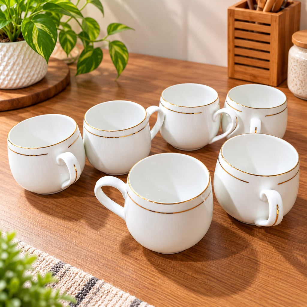 BHARAT CUP SET 6 PCS ANICA – GOLD LINE 200 ML | Premium White Ceramic Tea & Coffee Cups | Elegant Gold Rim Design | Cups Set for Home, Office & Gifting