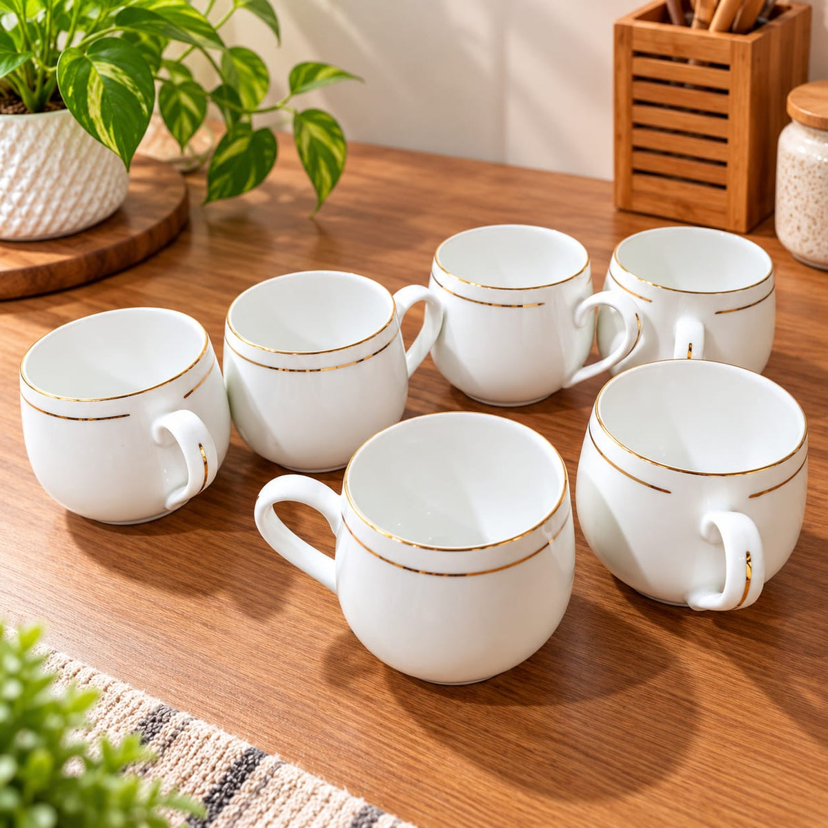 BHARAT CUP SET 6 PCS ANICA – GOLD LINE 200 ML | Premium White Ceramic Tea & Coffee Cups | Elegant Gold Rim Design | Cups Set for Home, Office & Gifting