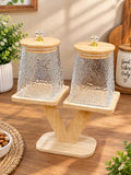 Barniwala Set of 2 Round Heaven & Square Earth Wavy Pattern Glass Storage Jars with Bamboo Lids & Crystal Knobs, Decorative Kitchen Containers for Dry Fruits, Nuts, Snacks & Spices