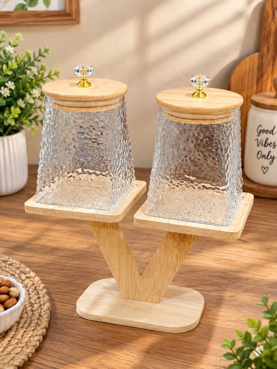 Barniwala Set of 2 Round Heaven & Square Earth Wavy Pattern Glass Storage Jars with Bamboo Lids & Crystal Knobs, Decorative Kitchen Containers for Dry Fruits, Nuts, Snacks & Spices
