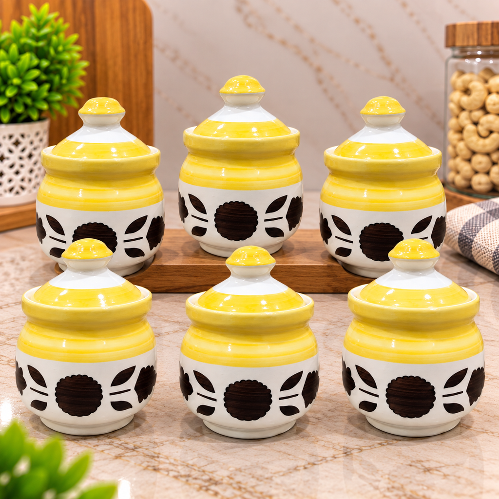 Barniwala 100 ML Ceramic Pickle Handi Jar with Lid | Mini Decorative Kitchen Storage Container for Pickle, Achar, Chutney, Spices, Masala & Condiments | Traditional Handi Style Food Storage Pot