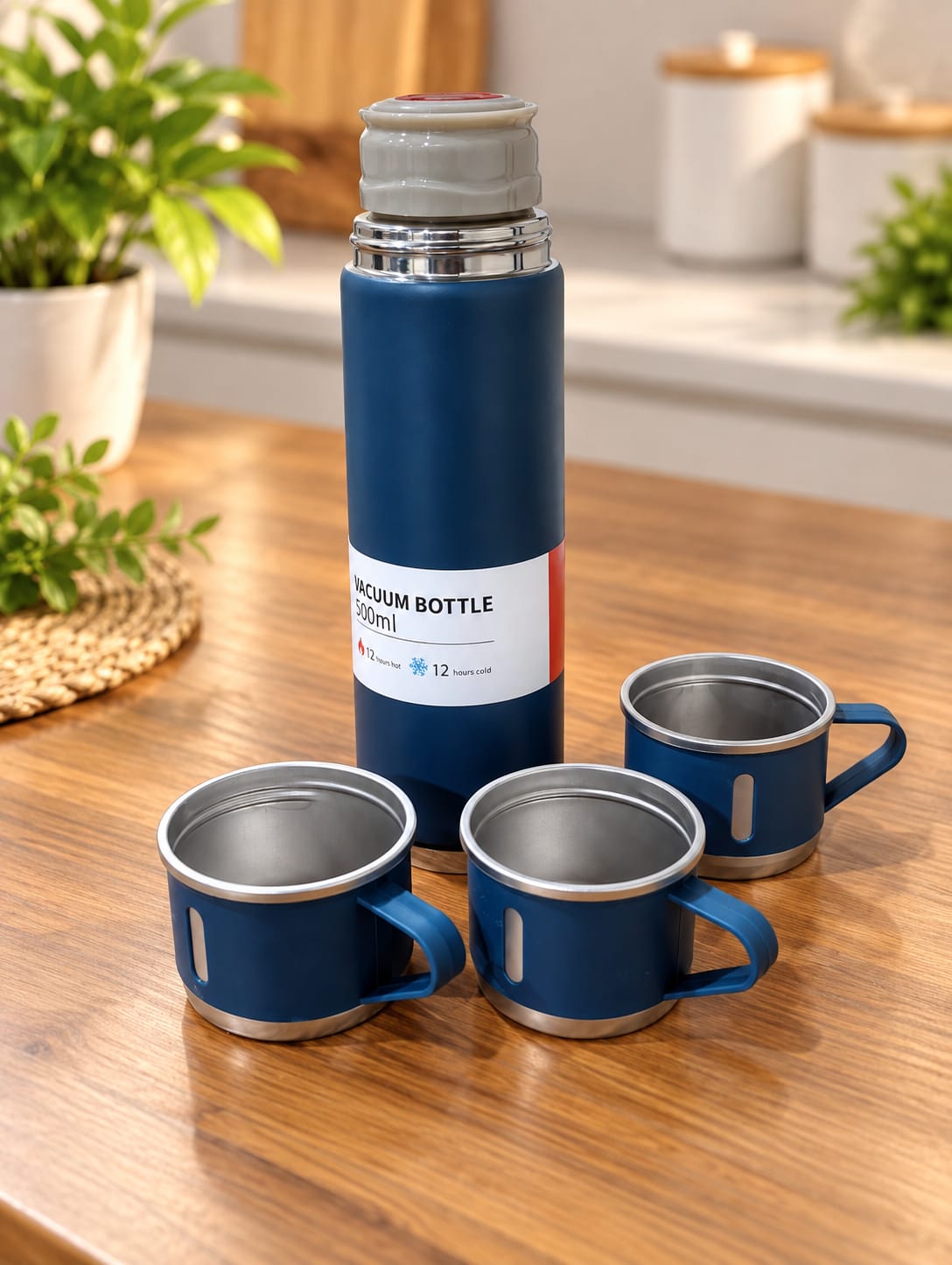 Vacuum Flask Set 500ML with 3 Stainless Steel Cups | Double Wall Insulated Thermos Bottle Set | Hot & Cold Water Flask for Home, Office & Travel