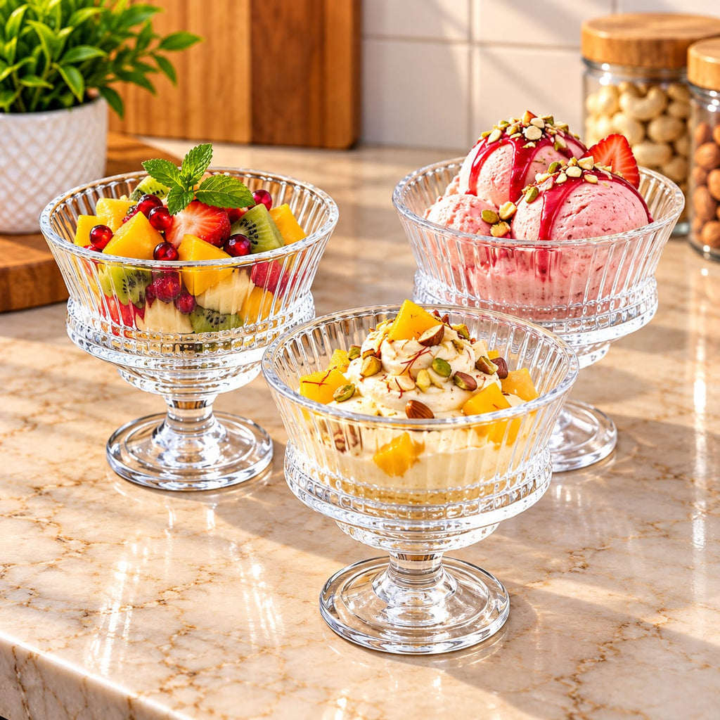 YUJING Glass Ware 260 ML Set of 3 | Premium Dessert Bowls with Footed Design | Transparent Glass Ice Cream Cups for Desserts, Pudding, Fruit, Custard & Snacks