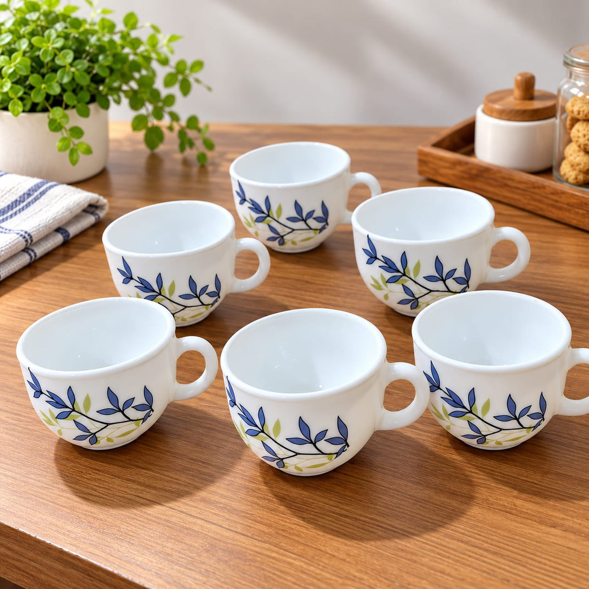 La Opala Silken Charm Cup Set of 6, 100 ML Each | White Cups with Blue & Green Floral Design | Elegant Tea & Coffee Cups for Home