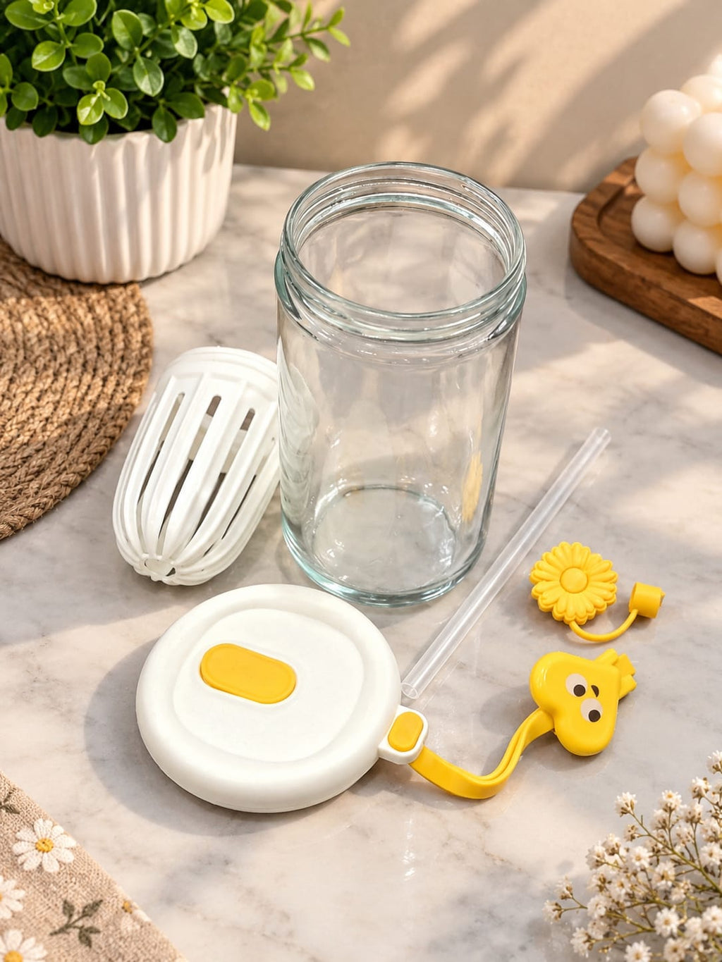 Lemon Cold Extraction Cup Pack of 1 | Glass Infuser Drinking Cup with Lemon & Mint Infuser, Lid, Straw & Handle | Fruit Infusion Water Bottle for Juice, Detox Water & Cold Beverages